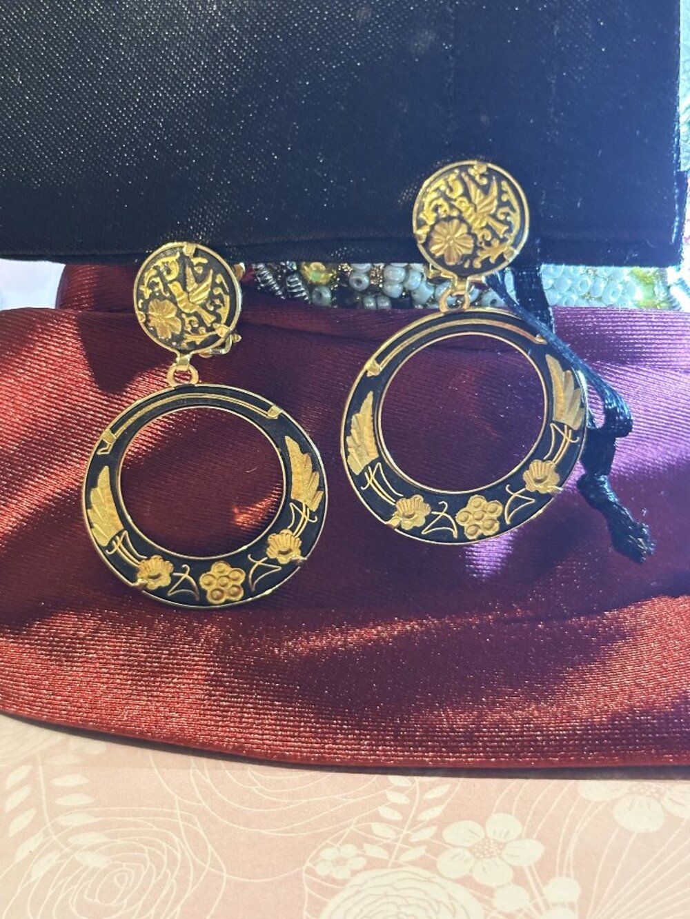 Vintage Damascene Clip On Earrings Hoops Dangle New Old Stock